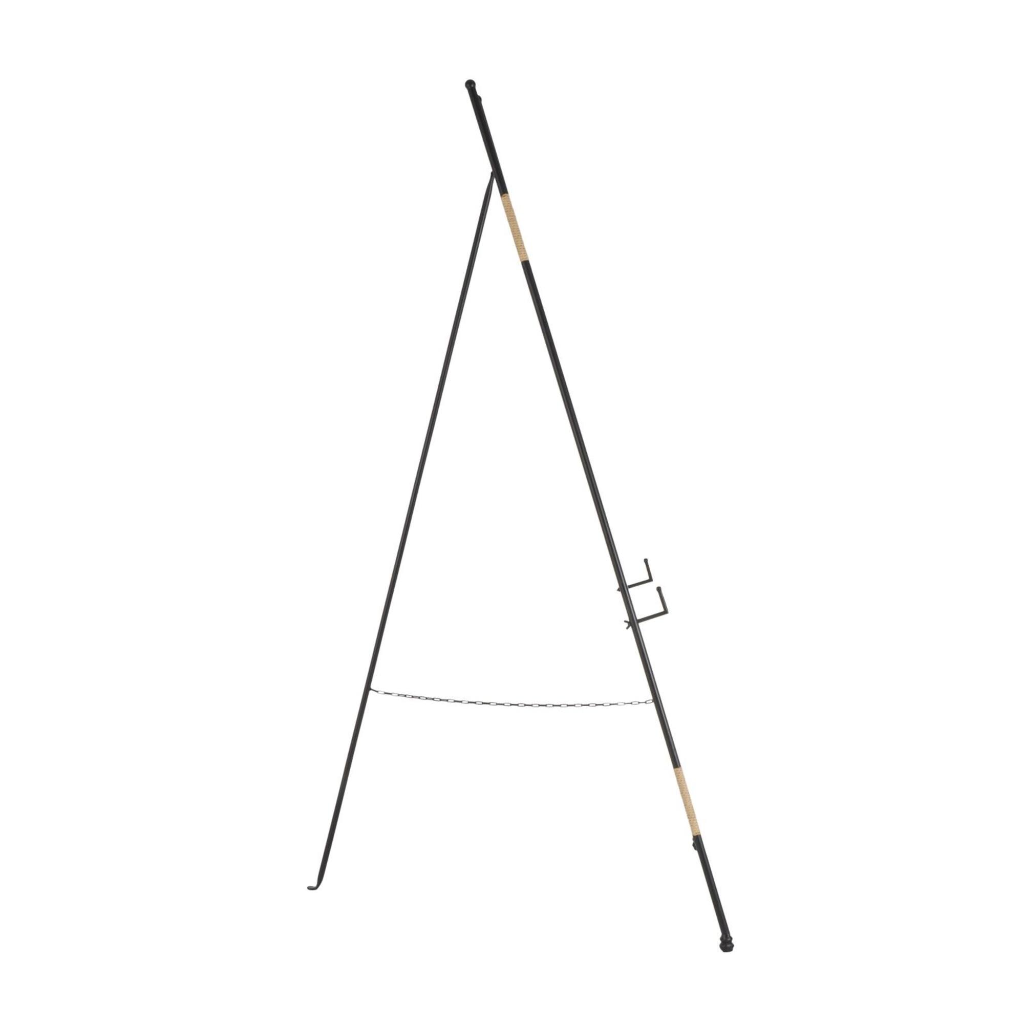 64" Black Metal Slim Foldable 2-Tier Easel with Wrapped Rattan Accents